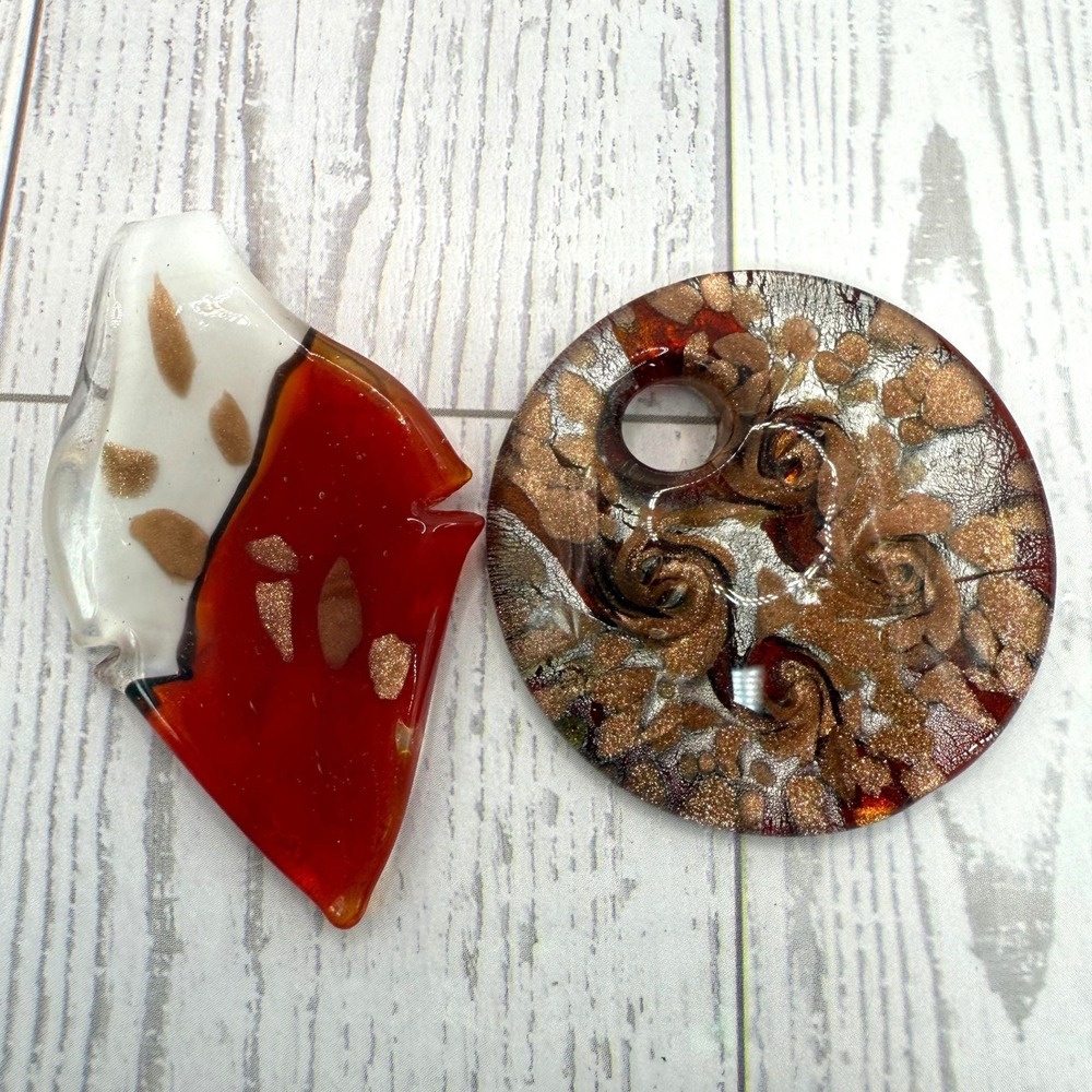 Art Glass Pendant Lot 2pc Red White Abstract & Gold Fleck Round Murano Style